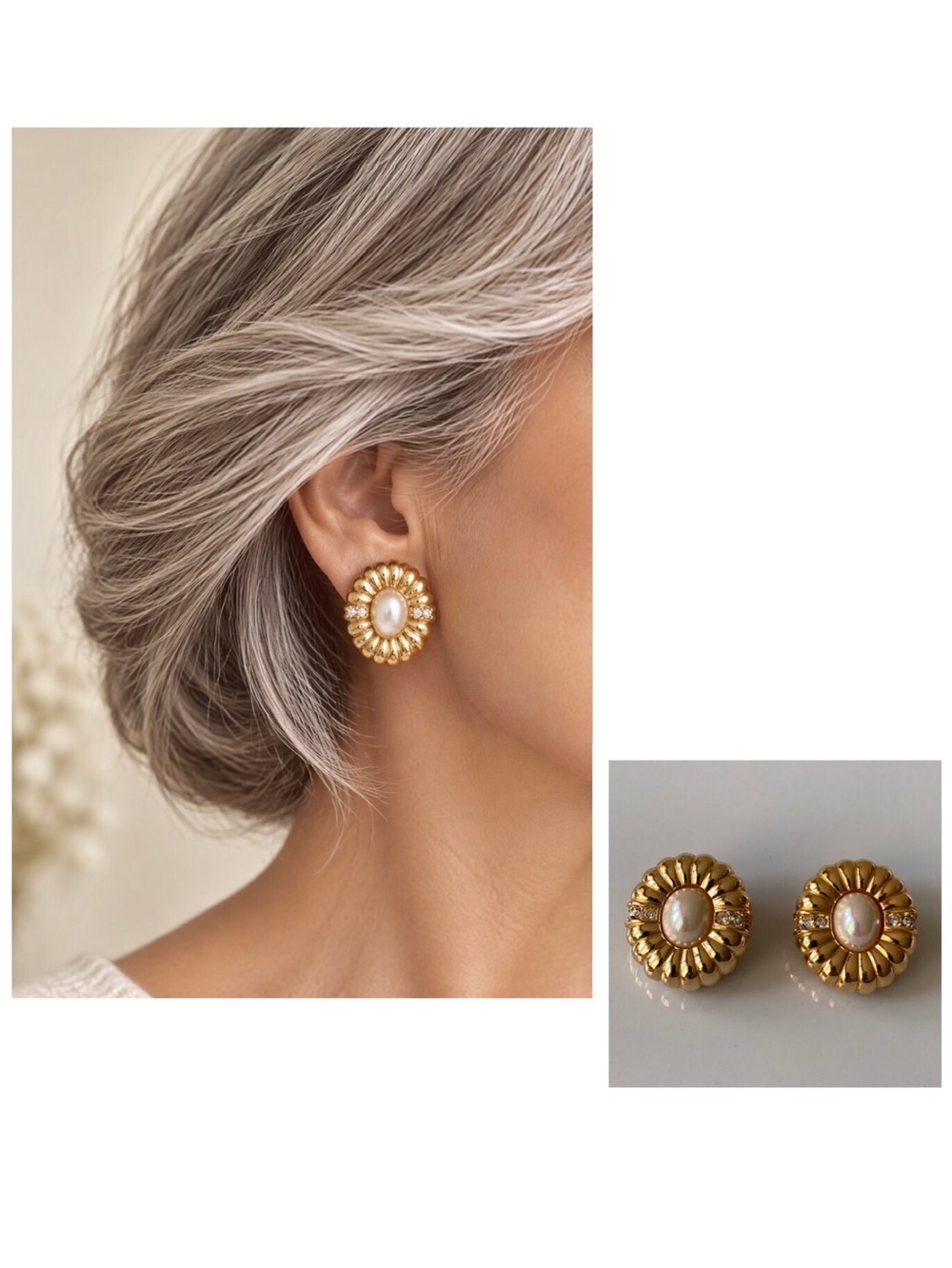 Vintage Christian Dior Faux Mabé Pearl Crystal Fluted Clip-On Earrings Gold